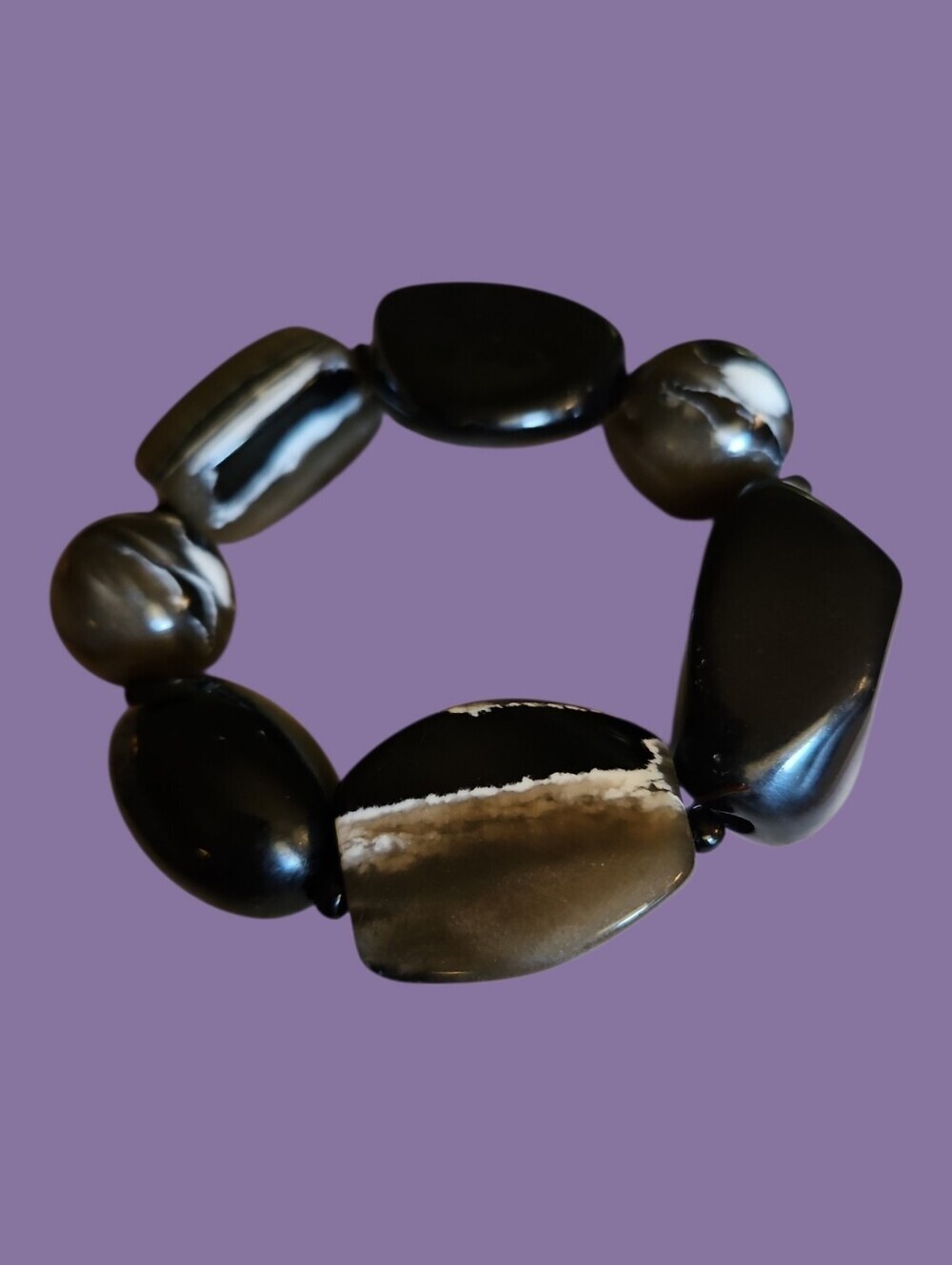 Vintage Chunky Black and Gray Acrylic Faux Stone Stretch Bracelet